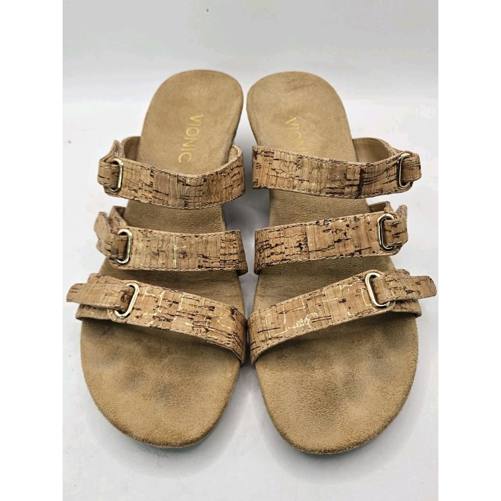 Vionic Slide Sandals Womens 6 Brown Cork Wedge Adjustable Straps Boho Shoes #406